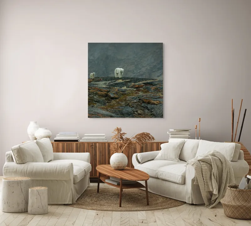 Tablou Canvas, "Urși polari pe stâncile reci", Mistreț, Polari, Stânci, Ceață, Rece, Singurătate, Pășire, Distanță, Natură., 100 x 100 cm – poza 3