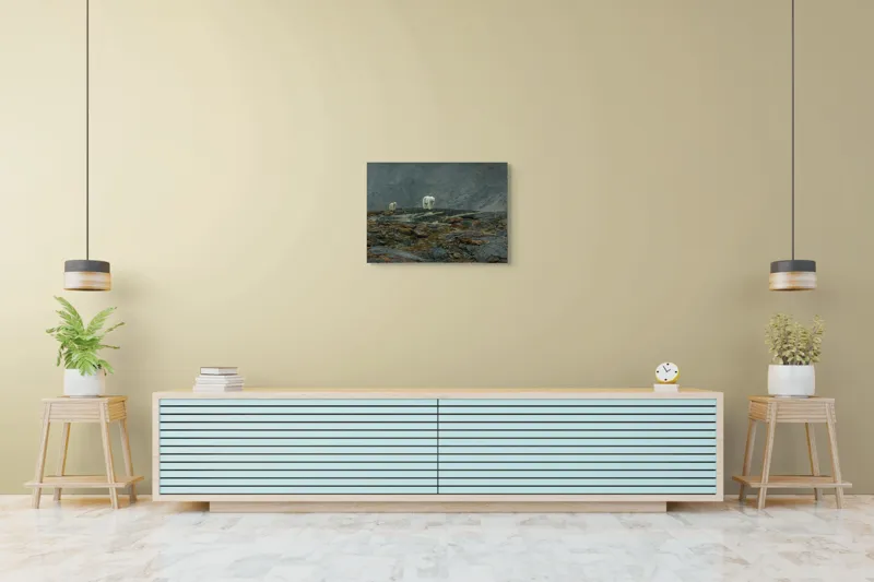 Tablou Canvas, "Urși polari pe stâncile reci", Mistreț, Polari, Stânci, Ceață, Rece, Singurătate, Pășire, Distanță, Natură., 70 x 50 cm – poza 7