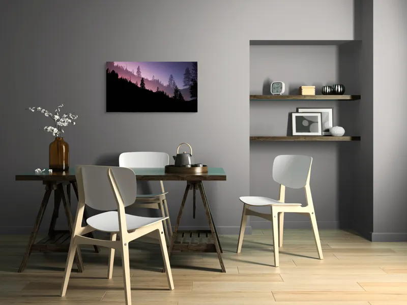 Tablou Canvas, "Tainele înserării într-o pădure misteriosă", Apus, Siluetă, Pădure, Mister, Serenitate, Natură, Cer, Umbre, Liniște, Contemplare, 90 x 50 cm – poza 3