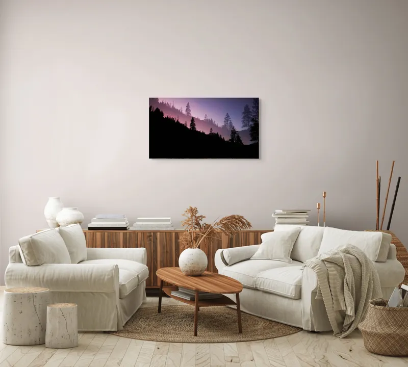 Tablou Canvas, "Tainele înserării într-o pădure misteriosă", Apus, Siluetă, Pădure, Mister, Serenitate, Natură, Cer, Umbre, Liniște, Contemplare, 90 x 50 cm – poza 4