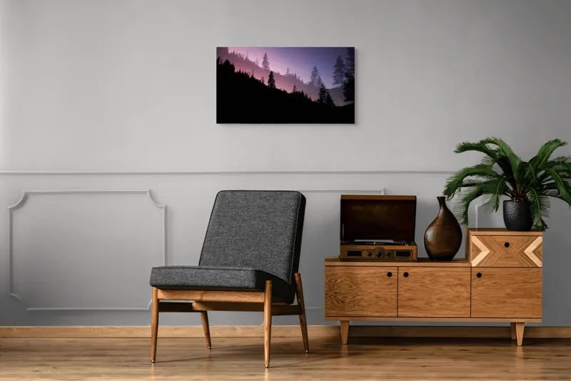 Tablou Canvas, "Tainele înserării într-o pădure misteriosă", Apus, Siluetă, Pădure, Mister, Serenitate, Natură, Cer, Umbre, Liniște, Contemplare, 90 x 50 cm – poza 6