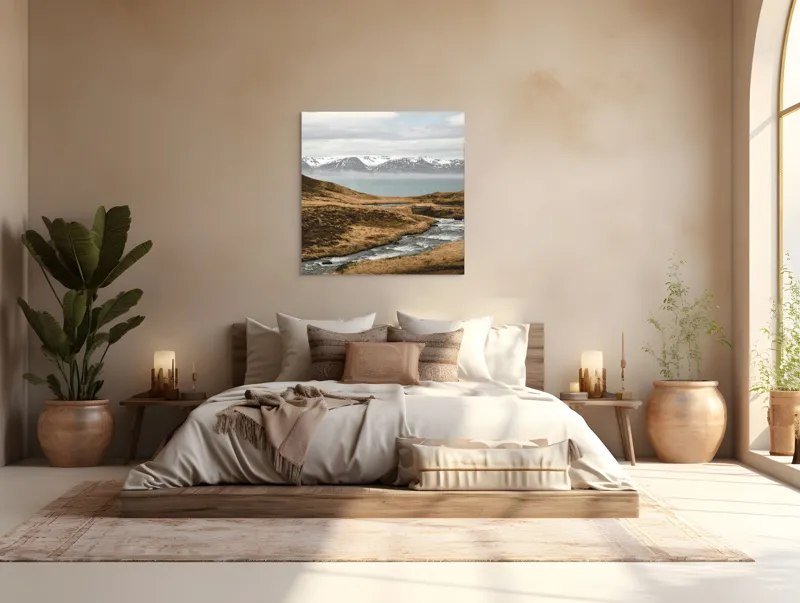 Tablou Canvas, "Râu printre dealuri sub munți înzăpeziți", Râu, Munți, Zăpadă, Cer, Norii, Peisaj, Dealuri, Apă, Natură, 100 x 100 cm – poza 4