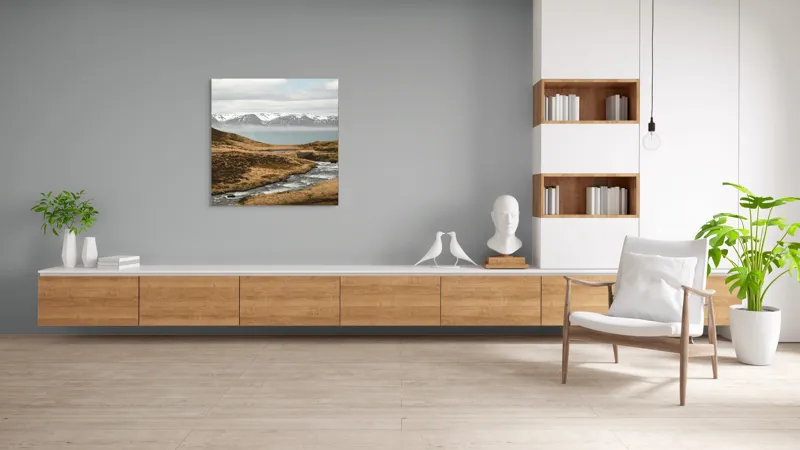 Tablou Canvas, "Râu printre dealuri sub munți înzăpeziți", Râu, Munți, Zăpadă, Cer, Norii, Peisaj, Dealuri, Apă, Natură, 100 x 100 cm – poza 8