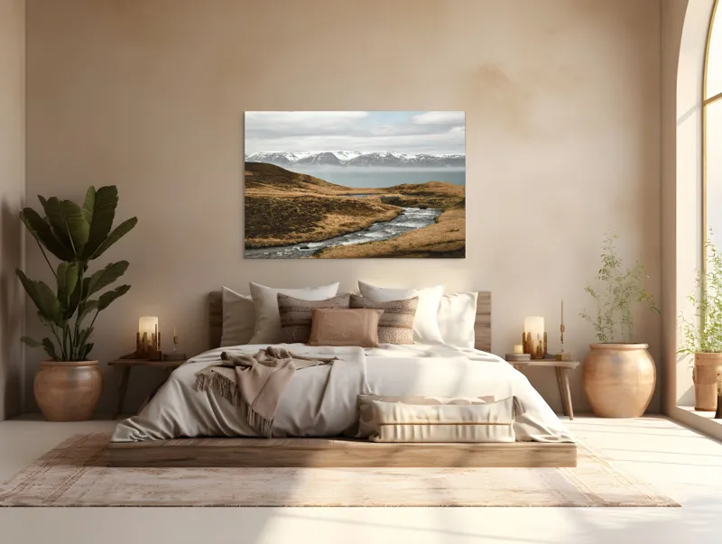 Tablou Canvas, "Râu printre dealuri sub munți înzăpeziți", Râu, Munți, Zăpadă, Cer, Norii, Peisaj, Dealuri, Apă, Natură, 150 x 100 cm – poza 4
