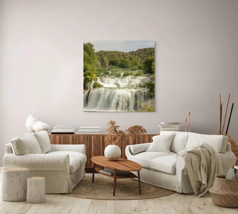 Tablou Canvas, "Cascada visurilor înverzite de vară", Cascadă, Apă, Pădure, Verdeață, Cer, Roci, Natură, Râuri, Frumusețe, Liniște, 100 x 100 cm – poza 3