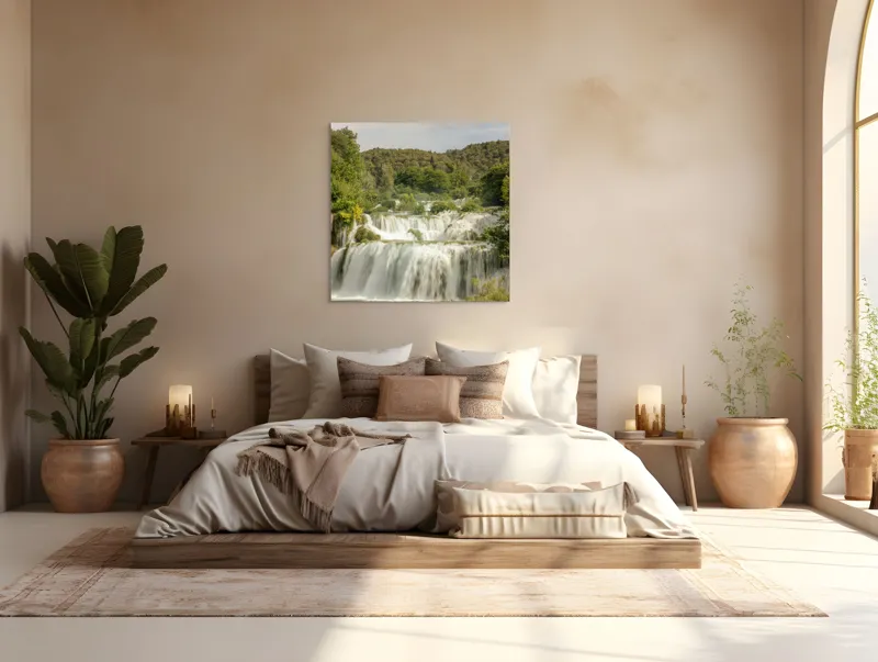 Tablou Canvas, "Cascada visurilor înverzite de vară", Cascadă, Apă, Pădure, Verdeață, Cer, Roci, Natură, Râuri, Frumusețe, Liniște, 100 x 100 cm – poza 4