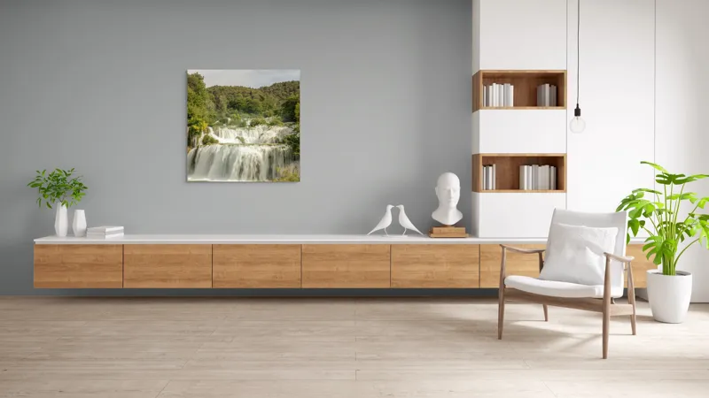 Tablou Canvas, "Cascada visurilor înverzite de vară", Cascadă, Apă, Pădure, Verdeață, Cer, Roci, Natură, Râuri, Frumusețe, Liniște, 100 x 100 cm – poza 8