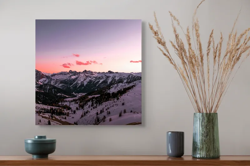 Tablou Canvas, "Apus lin peste munții înzăpeziți", Cer, Munți, Zăpadă, Apus, Norii, Peisaj, Calm, Răsărit, Frig, Frumusețe, 50 x 50 cm – poza 4
