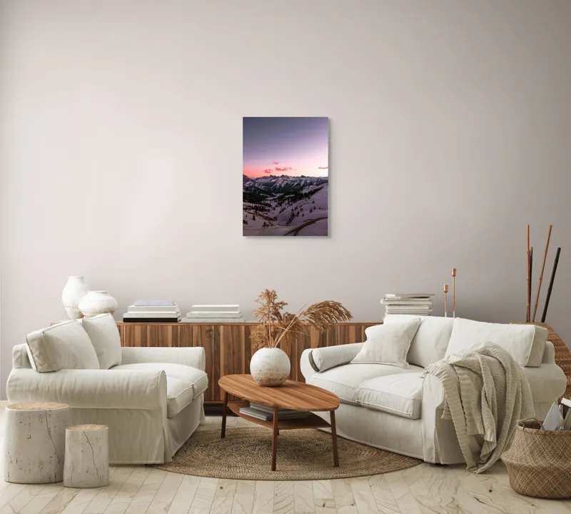 Tablou Canvas, "Apus lin peste munții înzăpeziți", Cer, Munți, Zăpadă, Apus, Norii, Peisaj, Calm, Răsărit, Frig, Frumusețe, 50 x 70 cm – poza 4