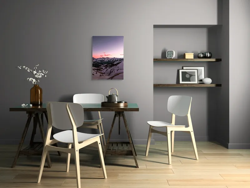 Tablou Canvas, "Apus lin peste munții înzăpeziți", Cer, Munți, Zăpadă, Apus, Norii, Peisaj, Calm, Răsărit, Frig, Frumusețe, 50 x 70 cm – poza 5
