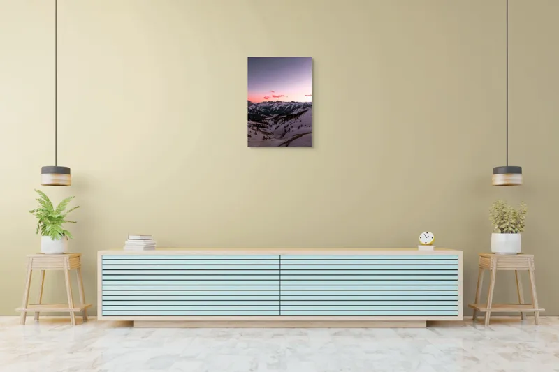Tablou Canvas, "Apus lin peste munții înzăpeziți", Cer, Munți, Zăpadă, Apus, Norii, Peisaj, Calm, Răsărit, Frig, Frumusețe, 50 x 70 cm – poza 6