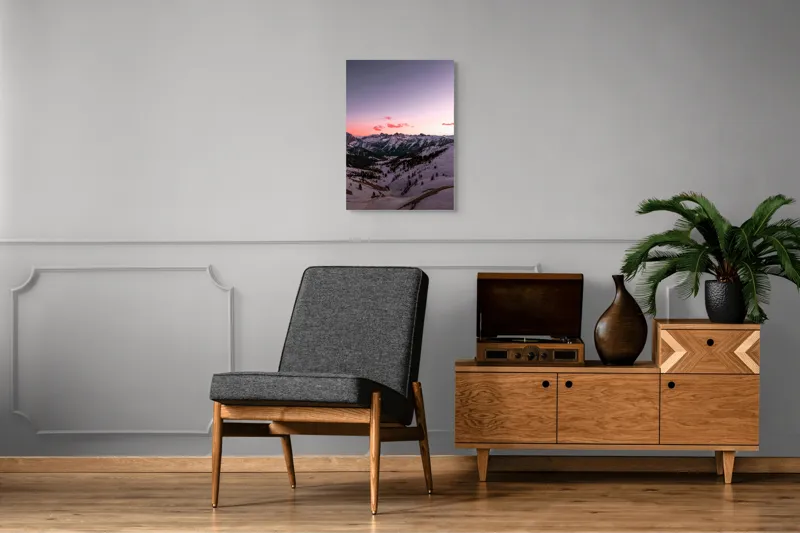 Tablou Canvas, "Apus lin peste munții înzăpeziți", Cer, Munți, Zăpadă, Apus, Norii, Peisaj, Calm, Răsărit, Frig, Frumusețe, 50 x 70 cm – poza 8