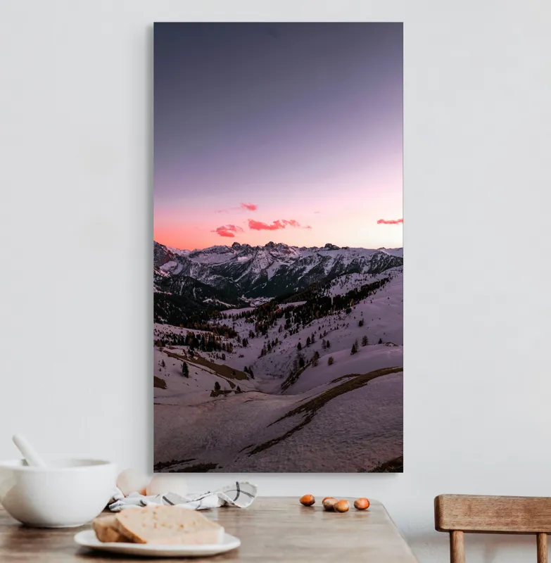 Tablou Canvas, "Apus lin peste munții înzăpeziți", Cer, Munți, Zăpadă, Apus, Norii, Peisaj, Calm, Răsărit, Frig, Frumusețe, 50 x 90 cm – poza 3