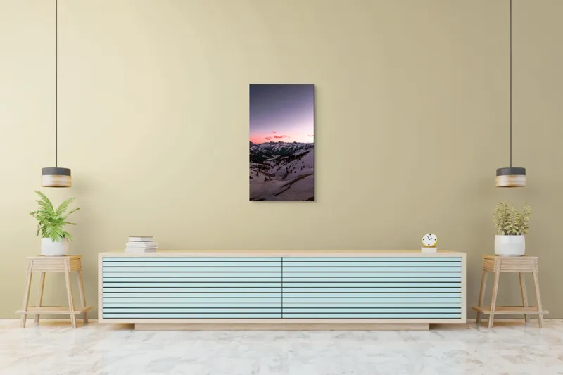 Tablou Canvas, "Apus lin peste munții înzăpeziți", Cer, Munți, Zăpadă, Apus, Norii, Peisaj, Calm, Răsărit, Frig, Frumusețe, 50 x 90 cm – poza 6