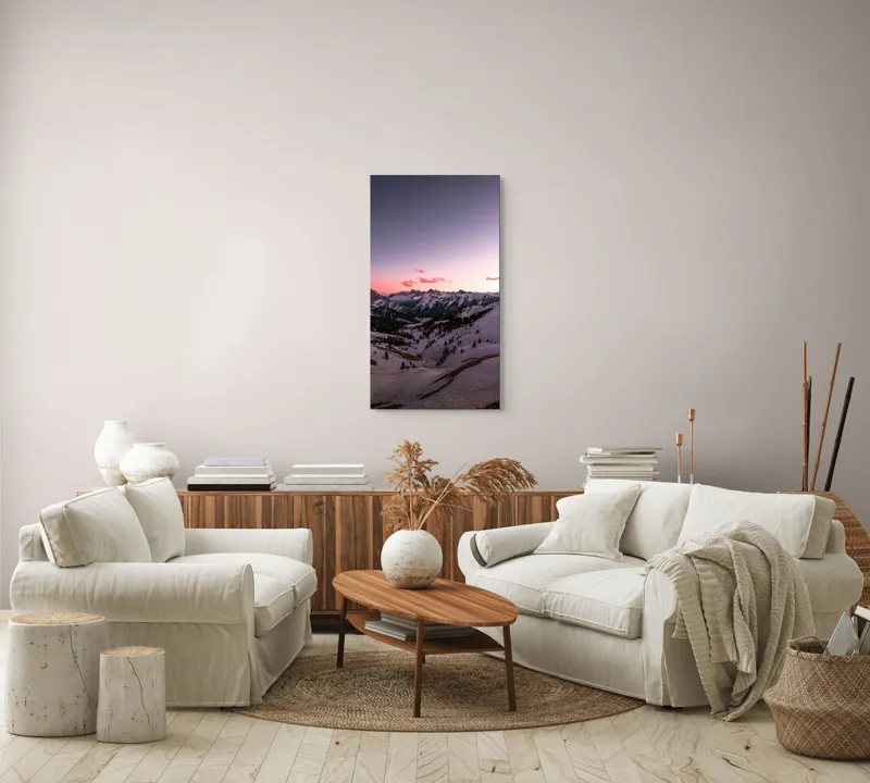 Tablou Canvas, "Apus lin peste munții înzăpeziți", Cer, Munți, Zăpadă, Apus, Norii, Peisaj, Calm, Răsărit, Frig, Frumusețe, 50 x 90 cm – poza 7