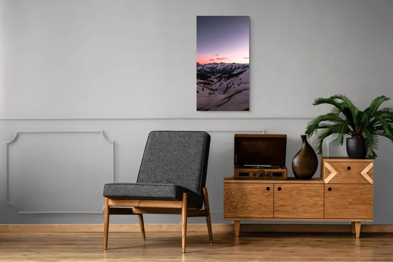 Tablou Canvas, "Apus lin peste munții înzăpeziți", Cer, Munți, Zăpadă, Apus, Norii, Peisaj, Calm, Răsărit, Frig, Frumusețe, 50 x 90 cm – poza 8