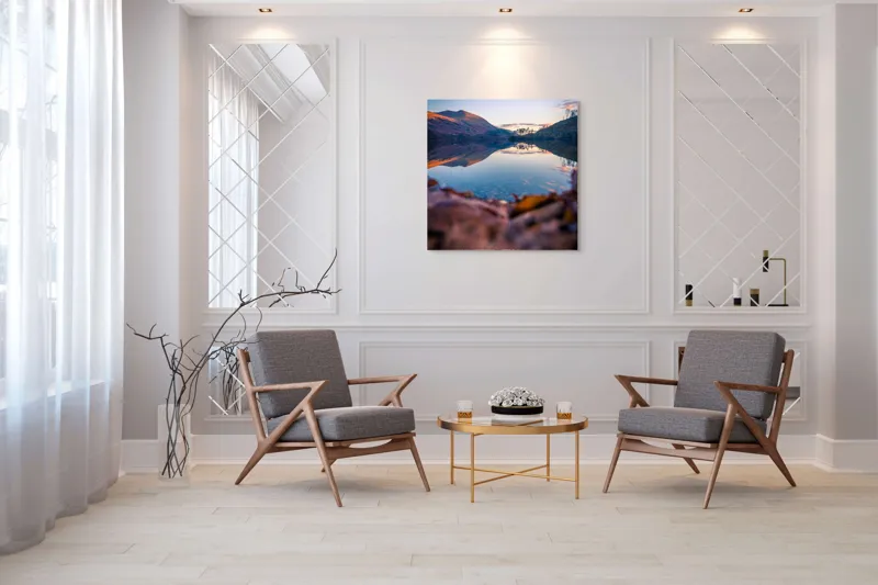 Tablou Canvas, "Reflecții ale serii liniștite", Reflecție, Tranquilitate, Apus, Natură, Seninătate, Peisaj, Coline, Reflexie, Cer, Frunziș, 100 x 100 cm – poza 7