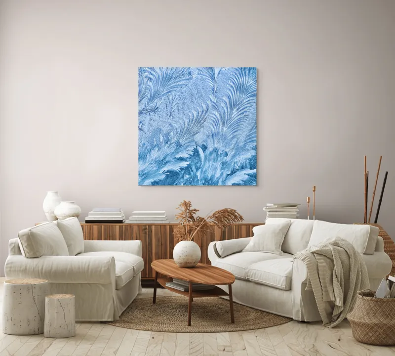 Tablou Canvas, "Atingerea gheții în zori senine", Gheață, Textură, Albastru, Abstract, Delicat, Frig, Natură, Artistic, Model, Înghețat, 100 x 100 cm – poza 3