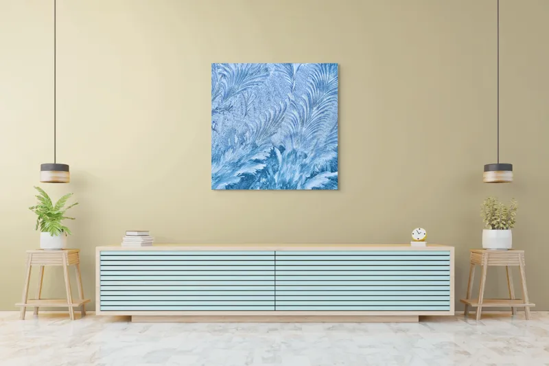 Tablou Canvas, "Atingerea gheții în zori senine", Gheață, Textură, Albastru, Abstract, Delicat, Frig, Natură, Artistic, Model, Înghețat, 100 x 100 cm – poza 5