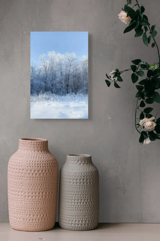 Tablou Canvas, "Visul alb al iernii clare", Zăpadă, Frig, Cer, Alb, Crengi, Brazi, Iarnă, Liniște, Natura, Peisaj, 26 x 39 cm – poza 6
