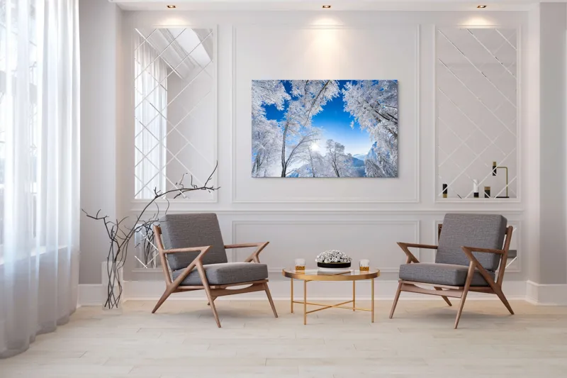 Tablou Canvas, "Strălucirea iernii sub cer senin", Alb, Strălucitor, Iarnă, Cer, Albastru, Zăpadă, Copaci, Vârfuri, Soare, Luminos, Crisp, Natură, Frig, Înghețat, Scenic, Peisaj, Imaculat, Calm, Senin, Încântător, 150 x 100 cm – poza 7