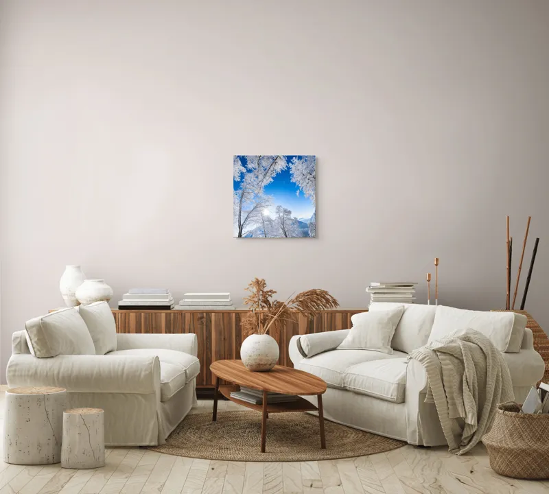 Tablou Canvas, "Strălucirea iernii sub cer senin", Alb, Strălucitor, Iarnă, Cer, Albastru, Zăpadă, Copaci, Vârfuri, Soare, Luminos, Crisp, Natură, Frig, Înghețat, Scenic, Peisaj, Imaculat, Calm, Senin, Încântător, 50 x 50 cm – poza 7