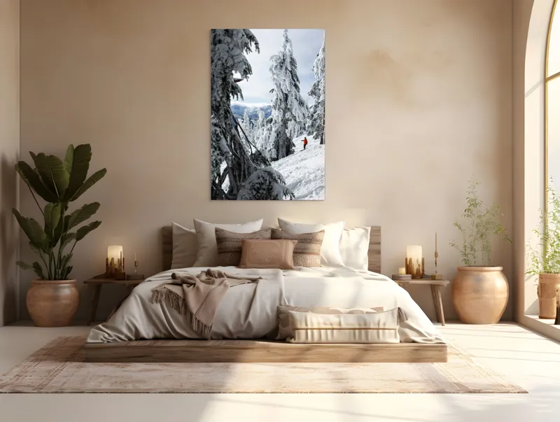 Tablou Canvas, "Schior printre brazi înzăpeziți", Zăpadă, Brazi, Schior, Munte, Iarnă, Cer, Natură, Aventură, Răcoare, Peisaj, 100 x 150 cm – poza 3
