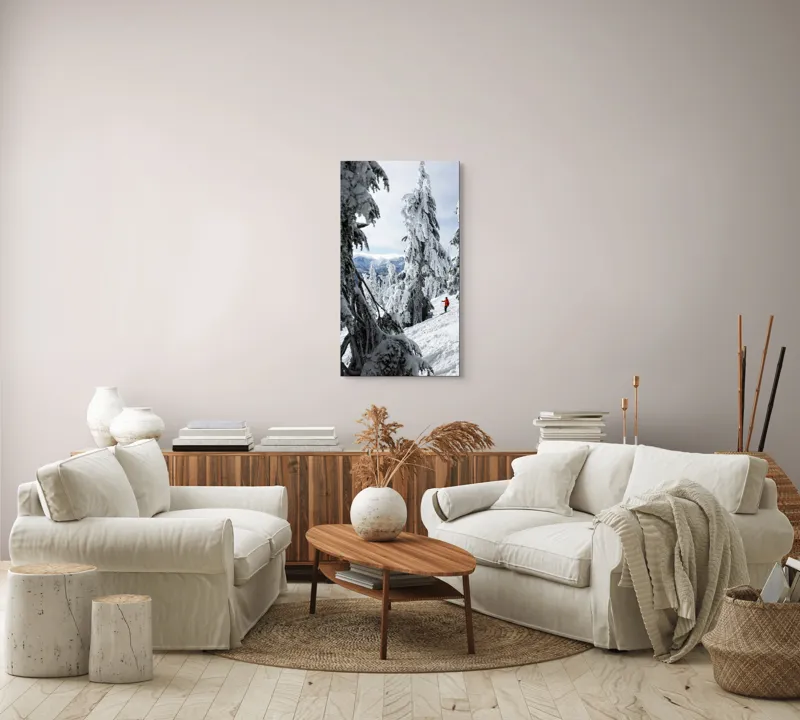 Tablou Canvas, "Schior printre brazi înzăpeziți", Zăpadă, Brazi, Schior, Munte, Iarnă, Cer, Natură, Aventură, Răcoare, Peisaj, 50 x 90 cm – poza 7