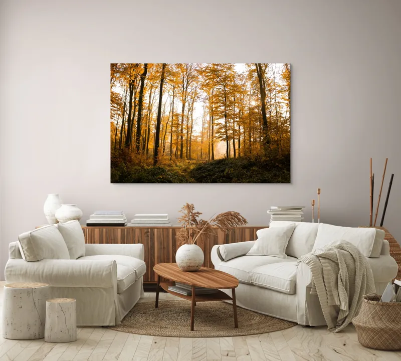 Tablou Canvas, "Pădurea în culorile toamnei târzii", Aur, Toamnă, Copaci, Lumină, Frunze, Pădure, Căldură, Natură., 150 x 100 cm – poza 3