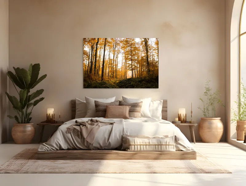 Tablou Canvas, "Pădurea în culorile toamnei târzii", Aur, Toamnă, Copaci, Lumină, Frunze, Pădure, Căldură, Natură., 150 x 100 cm – poza 4
