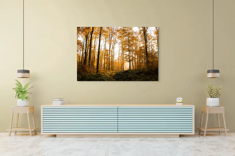 Tablou Canvas, "Pădurea în culorile toamnei târzii", Aur, Toamnă, Copaci, Lumină, Frunze, Pădure, Căldură, Natură., 150 x 100 cm – poza 6