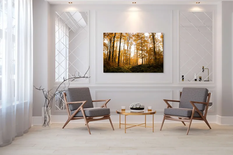 Tablou Canvas, "Pădurea în culorile toamnei târzii", Aur, Toamnă, Copaci, Lumină, Frunze, Pădure, Căldură, Natură., 150 x 100 cm – poza 7