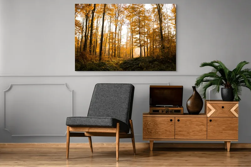 Tablou Canvas, "Pădurea în culorile toamnei târzii", Aur, Toamnă, Copaci, Lumină, Frunze, Pădure, Căldură, Natură., 150 x 100 cm – poza 8