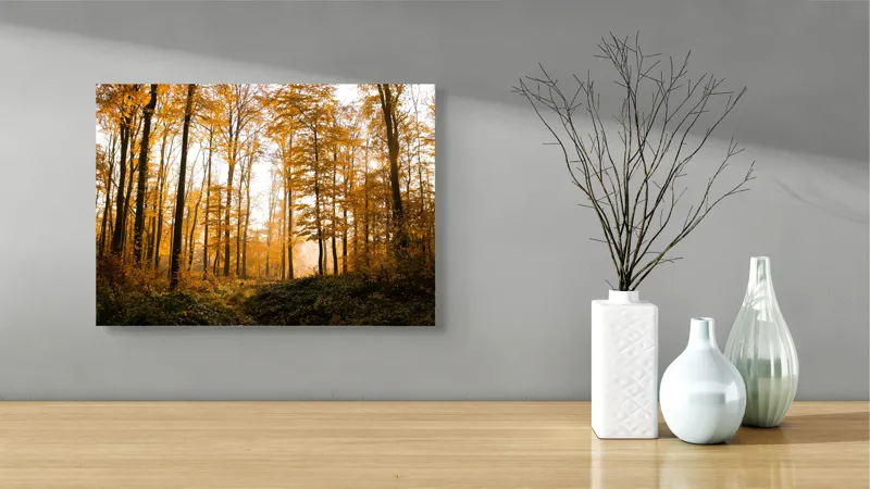 Tablou Canvas, "Pădurea în culorile toamnei târzii", Aur, Toamnă, Copaci, Lumină, Frunze, Pădure, Căldură, Natură., 54 x 39 cm – poza 3