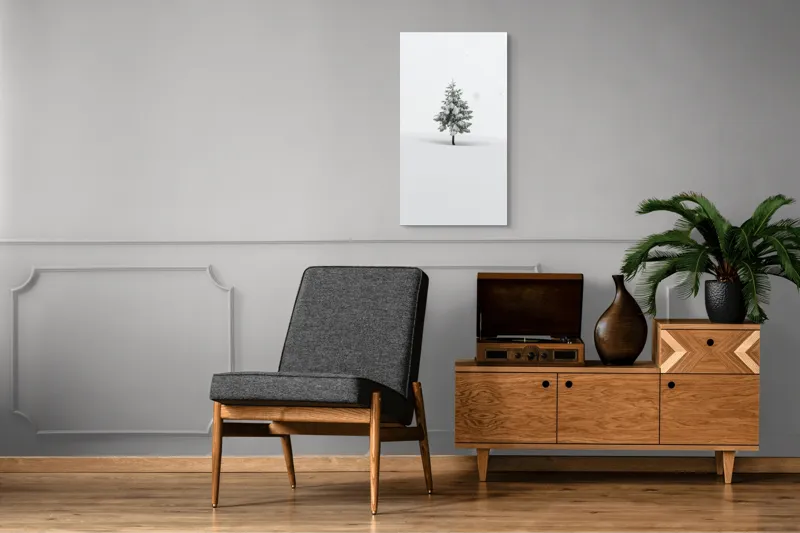 Tablou Canvas, "Singurătatea unui brad sub zăpezi", Solitudine, Pace, Imaculat, Rece, Serenitate, Alb, Simplu, Calm., 50 x 90 cm – poza 8
