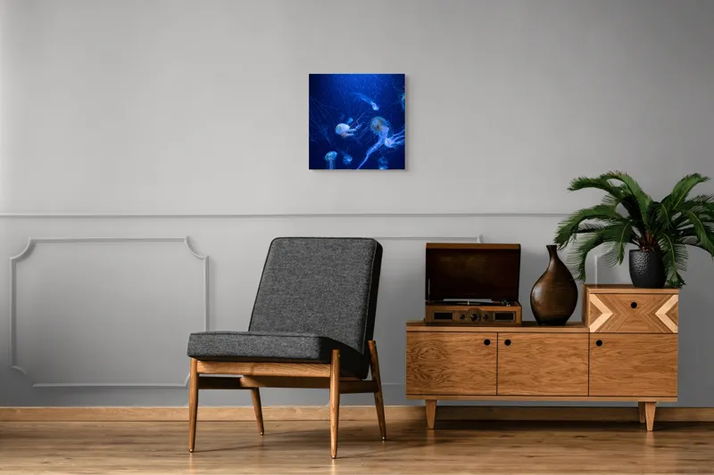 Tablou Canvas, "Misterul adâncurilor marine albastre", Meduze, Ocean, Albastru, Luminiscență, Tentacule, Subacvatic, Misterios, Grație, Natură, Dans., 50 x 50 cm – poza 6