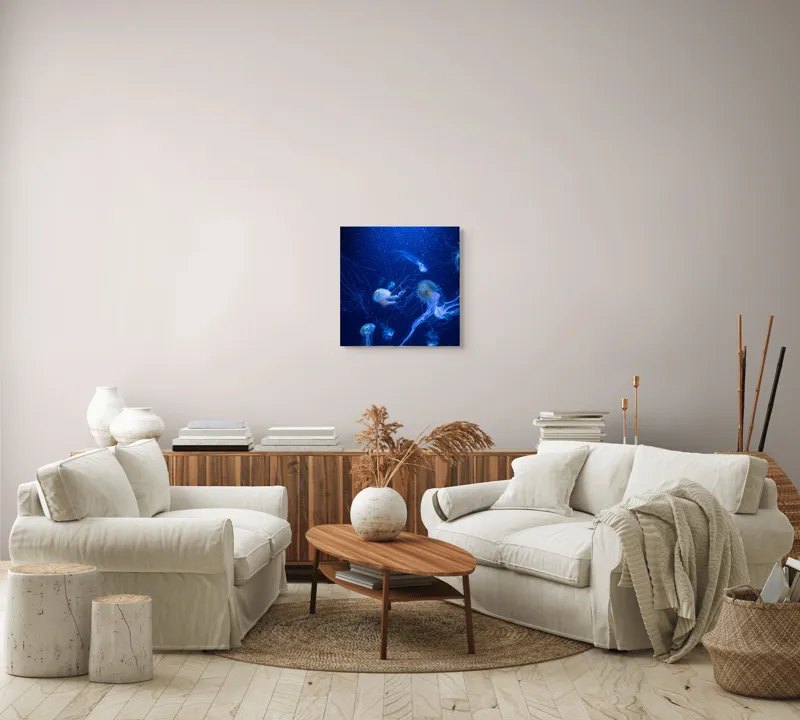 Tablou Canvas, "Misterul adâncurilor marine albastre", Meduze, Ocean, Albastru, Luminiscență, Tentacule, Subacvatic, Misterios, Grație, Natură, Dans., 50 x 50 cm – poza 7