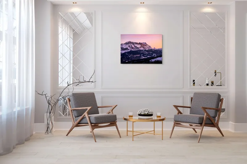 Tablou Canvas, "Munți ferecați în aurora dimineții", Munte, Apus, Ninsoare, Cer, Vârfuri, Peisaj, Tranquilitate, Roz, Violet, Natura, 100 x 70 cm – poza 5