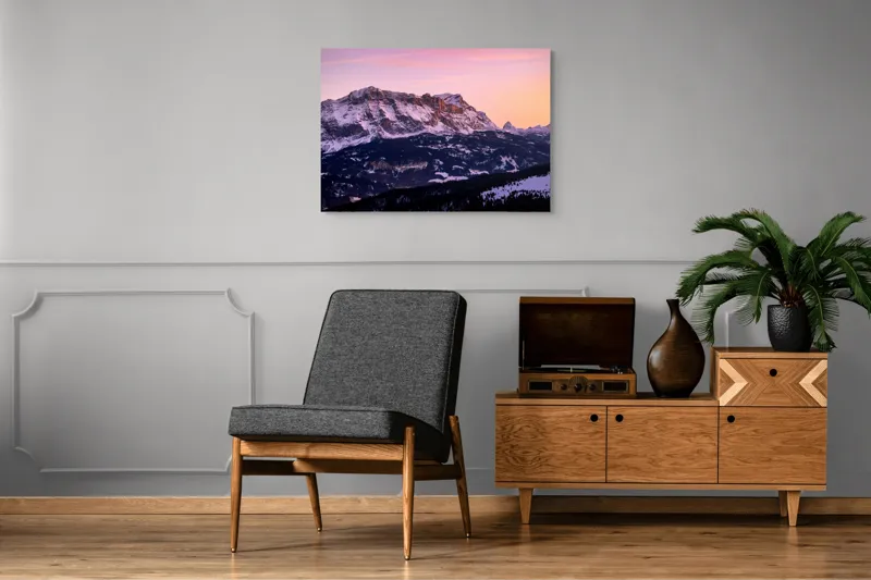Tablou Canvas, "Munți ferecați în aurora dimineții", Munte, Apus, Ninsoare, Cer, Vârfuri, Peisaj, Tranquilitate, Roz, Violet, Natura, 100 x 70 cm – poza 8