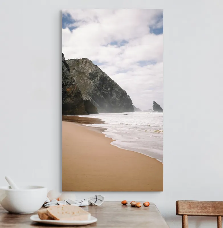 Tablou Canvas, "Marea și stâncile învăluite de ceață", Norii, Pietre, Viata, Valuri, Plaja, Ocean, Cer, Frumusete, Liniste, Relaxare, 50 x 90 cm – poza 3