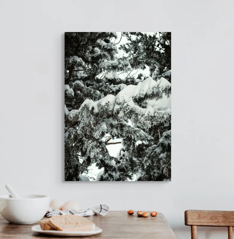 Tablou Canvas, "Zăpadă proaspătă pe crengi înalte", Zapadă, Brazi, Frig, Iarnă, Natură, Crengi, Alb, Rece, 50 x 70 cm – poza 3