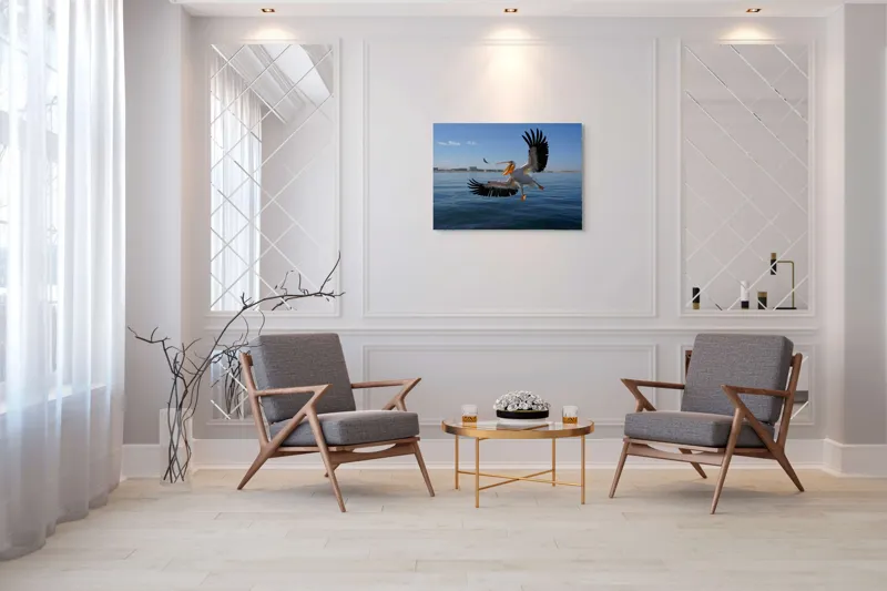 Tablou Canvas, "Pelicani zburând deasupra mării albastre", Pelică, Aripi, Cer, Apă, Zbor, Pescuire, Horizon, Libertate., 100 x 70 cm – poza 5