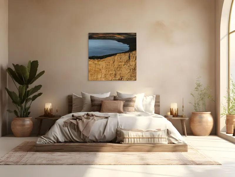 Tablou Canvas, "Lacul deasupra mării în munți", Peisaj, Stânci, Lac, Dealuri, Apus, Natură, Lumină, Orizont, Ocean, Dramatic, 100 x 100 cm – poza 4