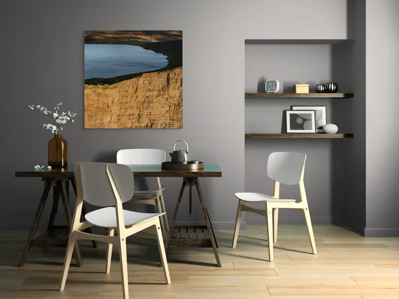 Tablou Canvas, "Lacul deasupra mării în munți", Peisaj, Stânci, Lac, Dealuri, Apus, Natură, Lumină, Orizont, Ocean, Dramatic, 100 x 100 cm – poza 6