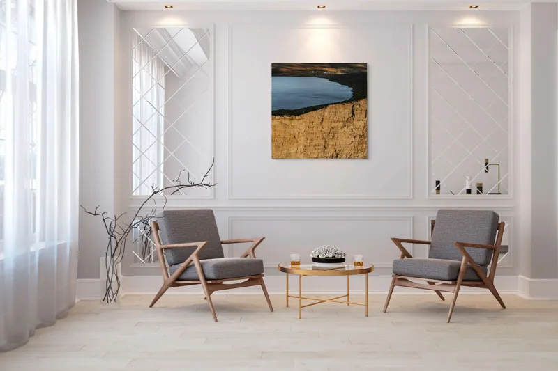 Tablou Canvas, "Lacul deasupra mării în munți", Peisaj, Stânci, Lac, Dealuri, Apus, Natură, Lumină, Orizont, Ocean, Dramatic, 100 x 100 cm – poza 7