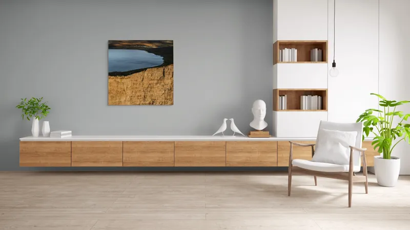 Tablou Canvas, "Lacul deasupra mării în munți", Peisaj, Stânci, Lac, Dealuri, Apus, Natură, Lumină, Orizont, Ocean, Dramatic, 100 x 100 cm – poza 8