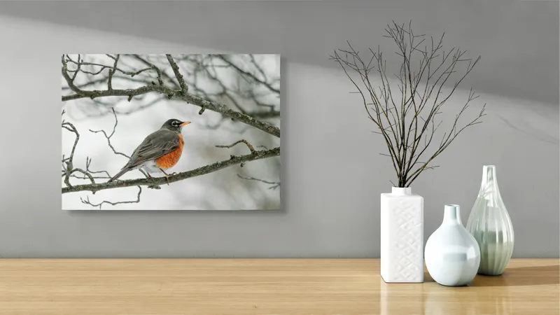 Tablou Canvas, "Păsărea solitară pe ramură înghețată", Pasăre, Ramură, Iarnă, Zăpadă, Cer, Natură, Aripi, Frig., 54 x 39 cm – poza 3