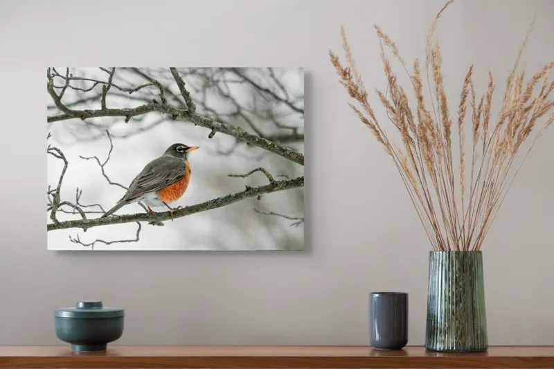 Tablou Canvas, "Păsărea solitară pe ramură înghețată", Pasăre, Ramură, Iarnă, Zăpadă, Cer, Natură, Aripi, Frig., 54 x 39 cm – poza 4