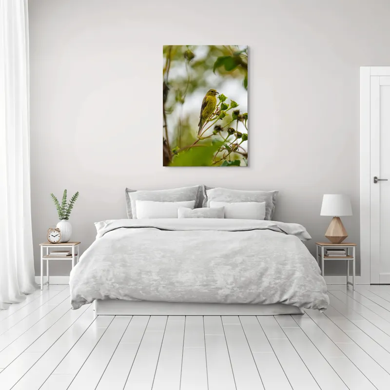 Tablou Canvas, "Cântecul mierlei printre crengi verzi", Verde, Pene, Ramură, Păsare, Frunze, Natură, Delicat, Primăvară, Observare, Frumusețe, 70 x 100 cm – poza 3
