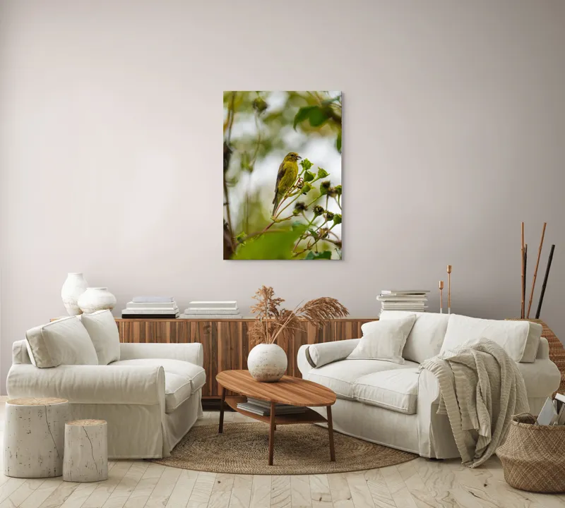 Tablou Canvas, "Cântecul mierlei printre crengi verzi", Verde, Pene, Ramură, Păsare, Frunze, Natură, Delicat, Primăvară, Observare, Frumusețe, 70 x 100 cm – poza 4